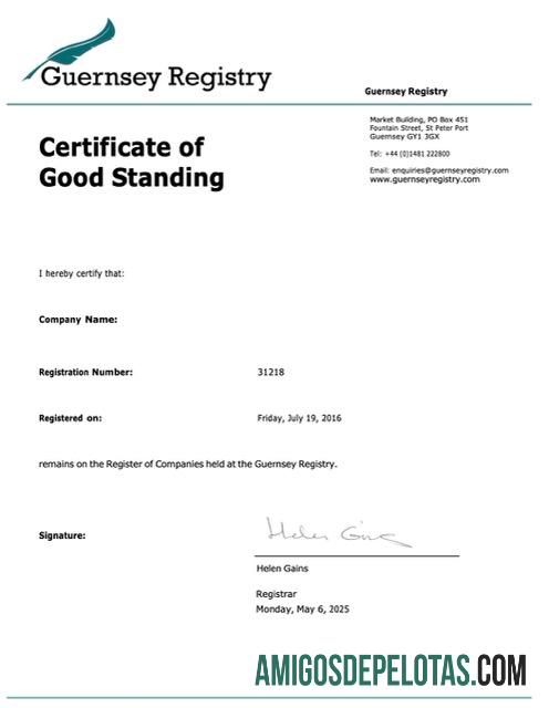 Certificado de boa reputação de Guernsey realista modelo Word e PDF